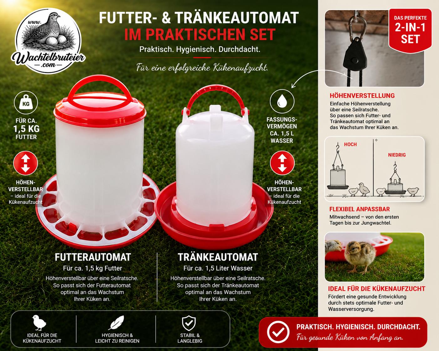 Futterautomat & Tränke mit Seilratsche - Küken Starter-Set